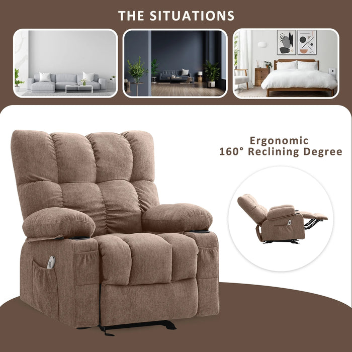 Manual Recliner Chair with Heat Therapy and Massage Function, Heavy Duty Reclining Mechanism Massage Chair, Elderly Single Rocker Sofa with Cup Holders for Bedroom Home Theater,Brown