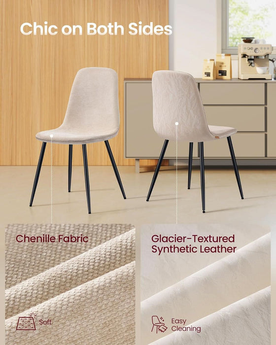 Dining Chairs, Set of 4 Dining Room Chairs, Metal Frame, Adjustable Feet, Easy to Clean, Chenille Fabric, Glacier-Textured Synthetic Leather, for Kitchen, Cream White UKDC188W01