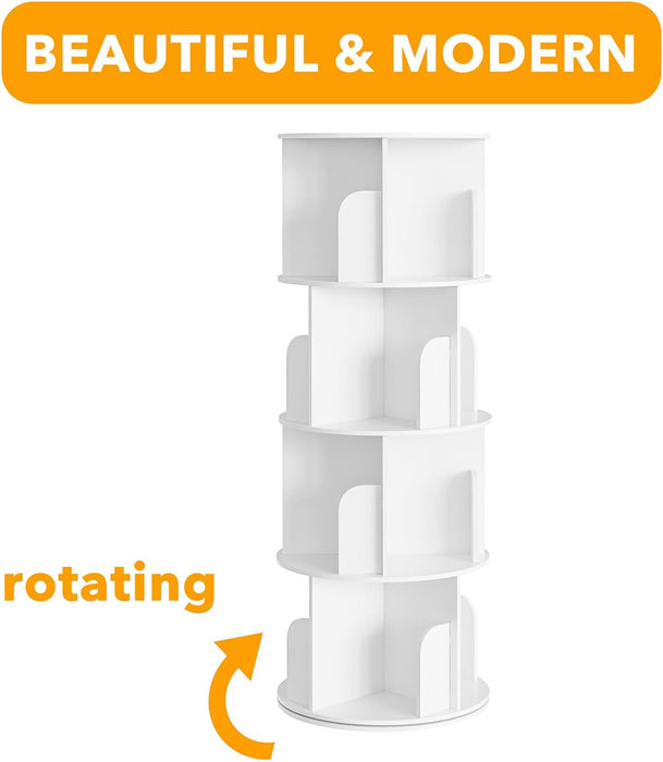 Cross Style 4 Tier Rotating Bookshelf, Spinning 360 Bookcase Lazy Susan Tower, Vertical Revolving Books Shelf Storage round Carousel Space Saving Organizer, White