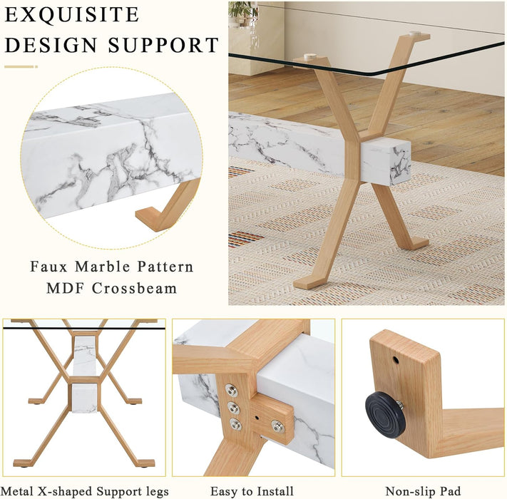 Glass Dining Table 71"｜Modern Dining Table for 6-8｜0.4" Thick Tempered Glass Top｜Wood Pattern Metal Legs｜Marble Crossbar｜Easy Assembly｜Perfect for Dining Room or Kitchen