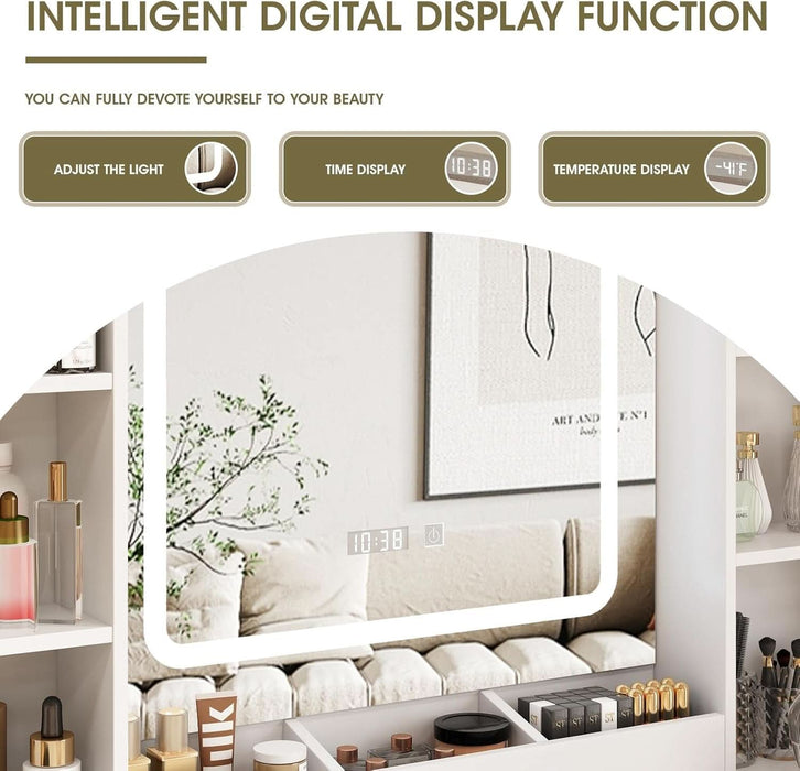 Makeup Vanity Desk, Vanity Mirror with Lights Desk and Chair,Makeup Table with 3 Large Drawers and 2 Cabinets, Time and Temperature Display, 3 LED Lighting Modes Adjustable, White