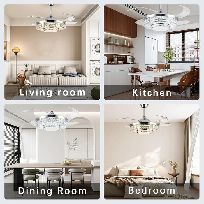 42" Retractable Ceiling Fans with Lights, Crystal Chandelier Ceiling Fan with Remote & APP Control, Modern Dimmable LED Fandelier for Living Room, Dinning Room, Bedroom (Silver)