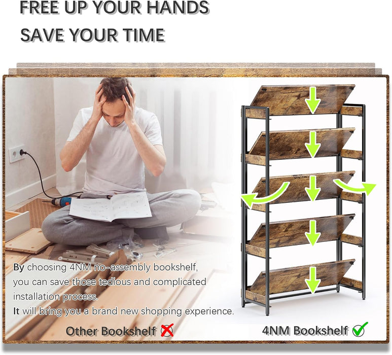 Extra Wdie No Assembly Folding Bookshelf, 64.3" H X 30.9" W, 5 Tier Collapsible Book Shelf Bookcase Foldable Shelves for Bedroom Living Room Home Office - Rustic Brown & Black