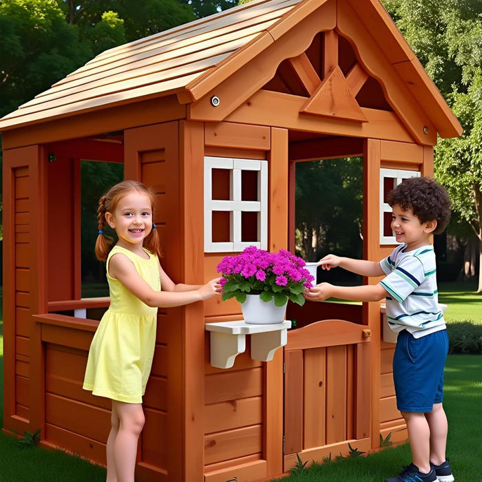 Outdoor Wooden Kids Playhouse With Flowerpot Holder