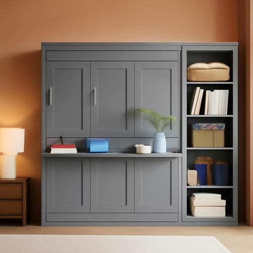 Murphy Bed Wall Bed, Fold-Down Wall-Mounted Bed with Desk and Bookshelf, Space-Saving Guest for Small Rooms, Easy Assembly, Full/Queen Size (Gray, Full)