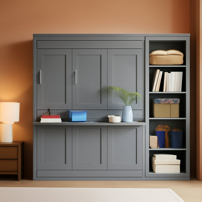 Murphy Bed Wall Bed, Fold-Down Wall-Mounted Bed with Desk and Bookshelf, Space-Saving Guest for Small Rooms, Easy Assembly, Full/Queen Size (Gray, Full)