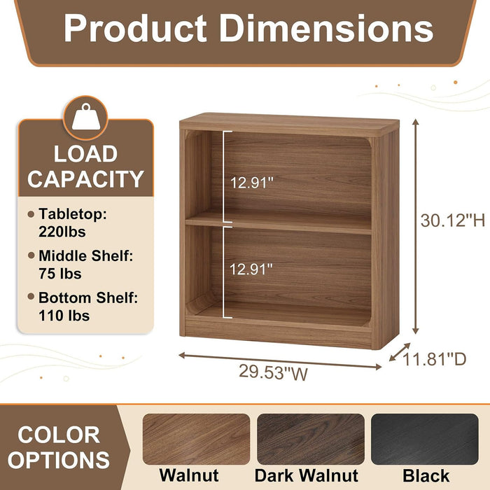 Wooden Bookshelf, 2-Tier Compact Open Bookcase with Rounded Corners, Small Floor Standing Display Book Shelf for Living Room, Bedroom, Home Office, Kids' Room (Walnut)