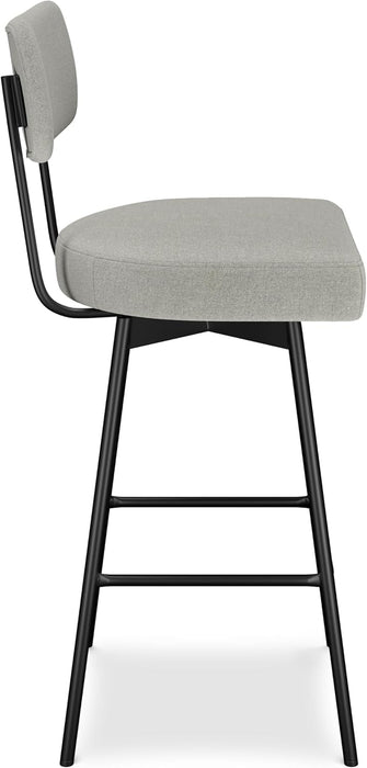 Giselle Swivel Bar Stools (Set of 2) - 29 Inch Seat Height Upholstered Metal Chairs in Light Grey Polyester Linen, Contemporary Seating for Kitchen or Bar with Cushioned Seat and Back
