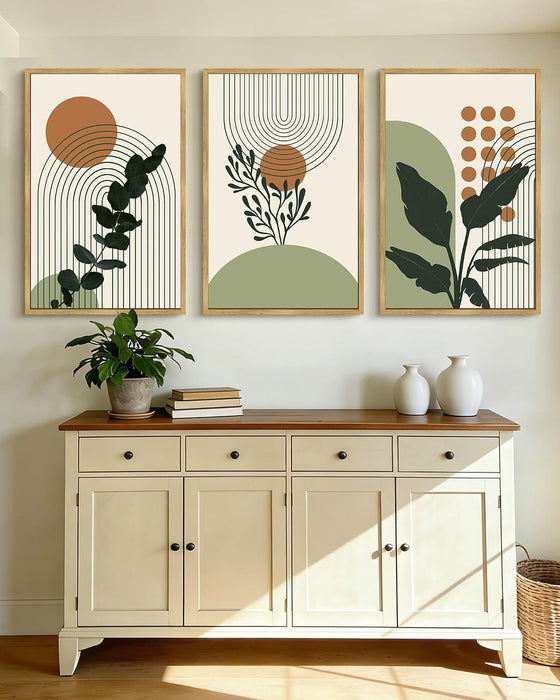 Boho Plant Wall Art Green Botanical Bohemain Framed Wall Printing 24X36In Abstract Canvas Prints with Leaf & Sun Lines Bedroom Living Room Decor - Natural Framed