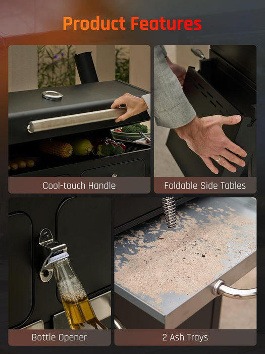 Charcoal Grills BBQ Grill,36 in Large Smoker Grill with Dual-Zone Lifting Trays,Portable Charcoal Grill with Foldable Side Tables,Large Outdoor Grill for Camping,Bbq,Party,Picnic