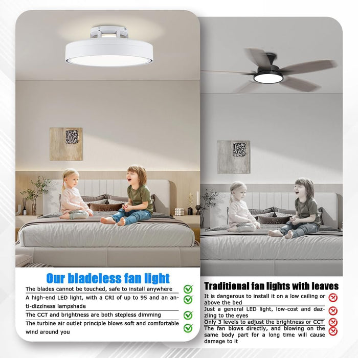 Ceiling Fans with Lights and Remote, Flush Mount Modern Bladeless Ceiling Fan with Light, 6 Speeds, Stepless Dimming and CCT 3000K-6000K LED Lights for Bedroom, Study Room (White, 20.1″)