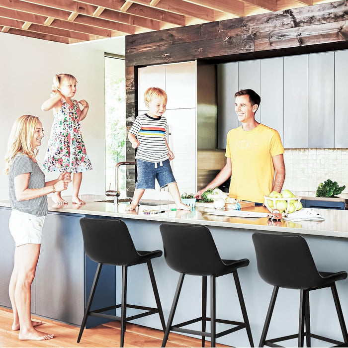 24 Inch Counter Stool, Modern Bucket Barstool Set of 3, Barstools with Back and Footrest, Faux Leather Bar Stools for Kitchen Island Restaurants, Black