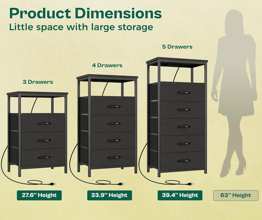 Black Five Drawer Dresser With Integrated Charging