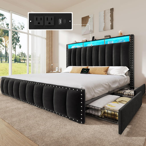 Queen Size Bed Frame with 4 Storage Drawers and RGB LED Lights, Velvet Upholstered Platform Bed with Charging Station and Bookcase Storage Headboard, No Box Spring Needed, Easy Assembly, Black