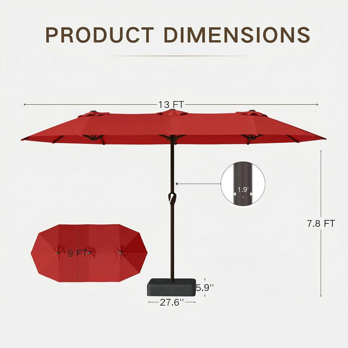 13Ft Large Patio Umbrella with Base Included, Double-Sided Rectangle Outdoor Table Umbrella with 12 Reinforced Ribs, Crank Lift for Market Pool Deck Backyard, Red