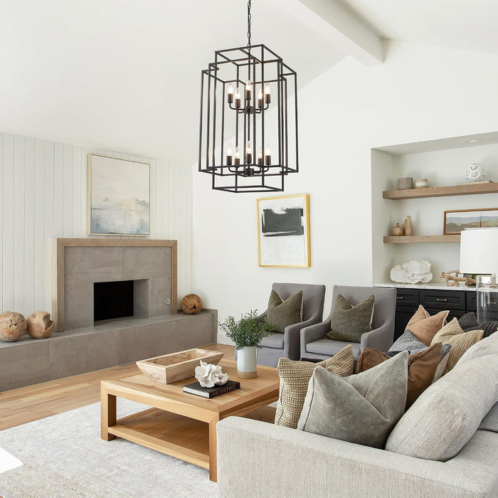 Large Lantern Chandelier for Entryway Foyer, 2-Tier Matte Black Cage Chandelier, 10-Light Hanging Light Fixture for High Ceiling Staircase Living Room