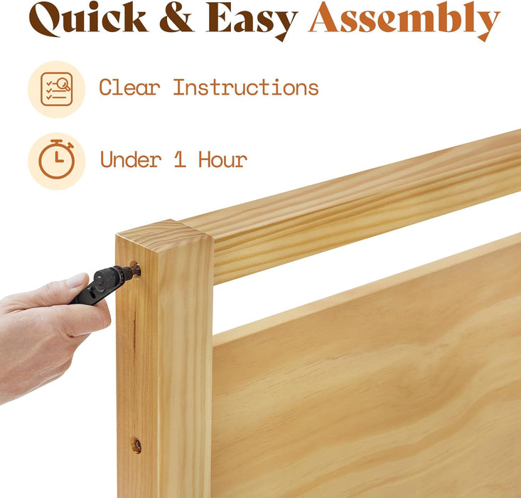 Queen Size Solid Wood Bed Frame with Headboard, Minimalist Platform Bed with Wood Slats Support/No Box Spring Needed/Easy Assembly/Noise-Free, Natural