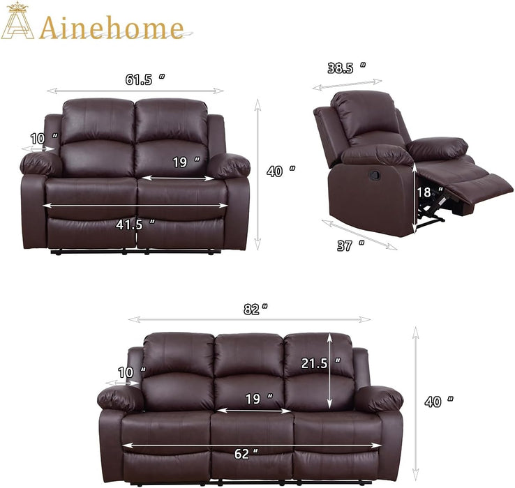 Luxury Recliner Sofa Living Room Set Reclining Sofa and Loveseat Chair Sets Living Room Furniture Sets Recliner Couches for Living Room/Office (A-Brown Leather, 3 Piece Set)