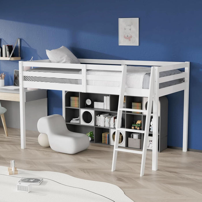 47'' Tall Junior Low Loft Bed with Stairs, White Wood Loft Bed Twin Size for Adults, Kids and Young Teens, No Box Spring Required,Wood Slat Support