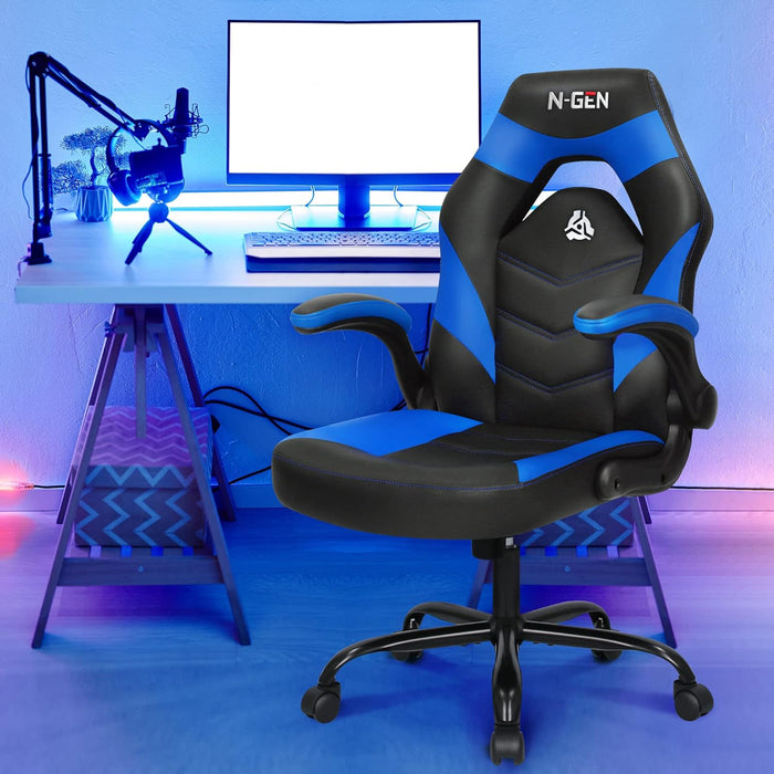 N-GEN Video Gaming Computer Chair Ergonomic Office Chair Desk Chair with Lumbar Support Flip up Arms Adjustable Height Swivel PU Leather Executive with Wheels for Adults Women Men (Blue)