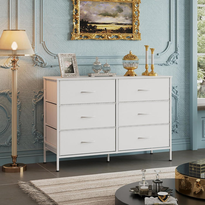 Wide Dresser with 6 Fabric Drawers, TV Stand for 50" TV, Closet Dresser with Metal Frame, Wooden Top, Fabric Dressers for Bedroom, Closet, Hallway, Living Room, Entryway, White