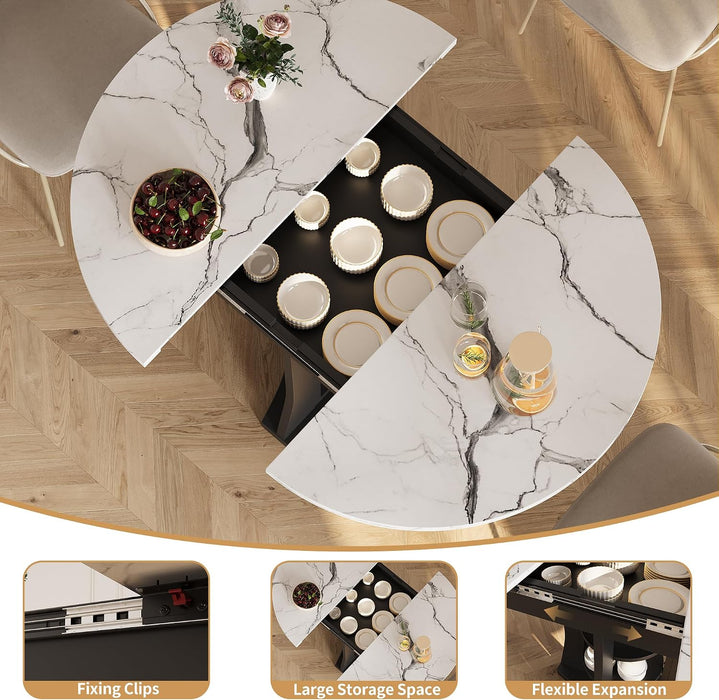 Extendable Dining Table Marble for 4–6 (White Marble) | White Faux Marble Dining Table, Modern Marble Kitchen Table, round Dining Table for Kitchen, Living Room, Dining Room ﻿