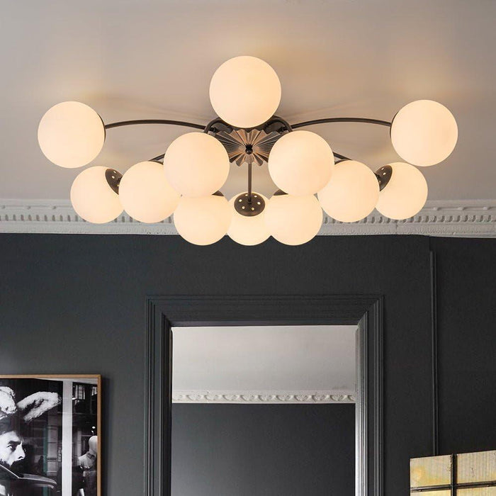 12-Light Milk Glass Pendant Light, 33" Sputnik Bubble Glass Chandelier Light Fixture, Hand Blown Semi Flush Mount Ceiling Chandeliers Lighting for Dining Room, Living Room (Black, 12-Light Ceiling)