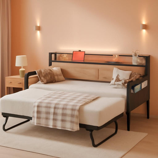 Twin Daybed with Trundle Bed, Storage Headboard with Charging Station, Sofa Day Bed with Strong Supports for Living Room, Bedroom, and Guest Room, Wood Color