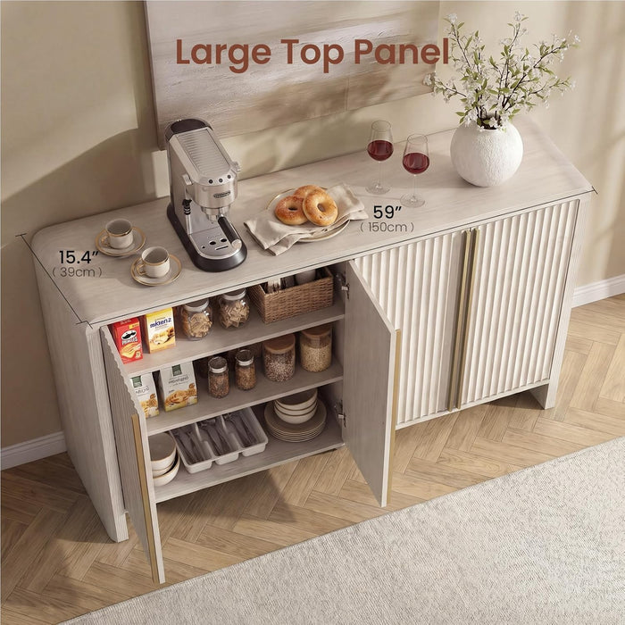 59" Fluted Sideboard Buffet Cabinet with Storage, White Alder | Modern Credenza Console with 4 Doors & Adjustable Shelves, Wood Coffee Bar for Kitchen, Living Room, Entryway