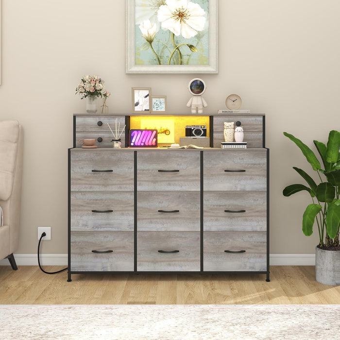 Grey Dresser with Power Outlets and LED Lights 13 Drawers Long Dresser for Bedroom Faux Leather Fabric Chest of Drawers for Living Room Hallway Entryway Closets Sturdy Frame Wood Top