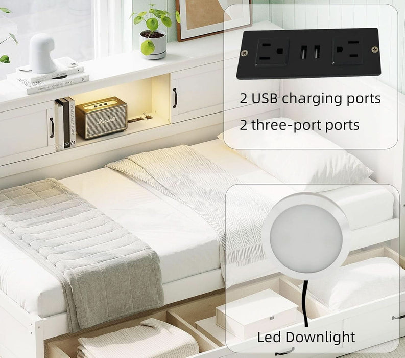 Full Size Corner Bed Frames with Storage Drawers, USB Port, Led Downlight Headboard & Bookcase, Wooden L-Shaped Captain Daybed for Small Room, Bedroom, Guest Room, Kids'Room, White