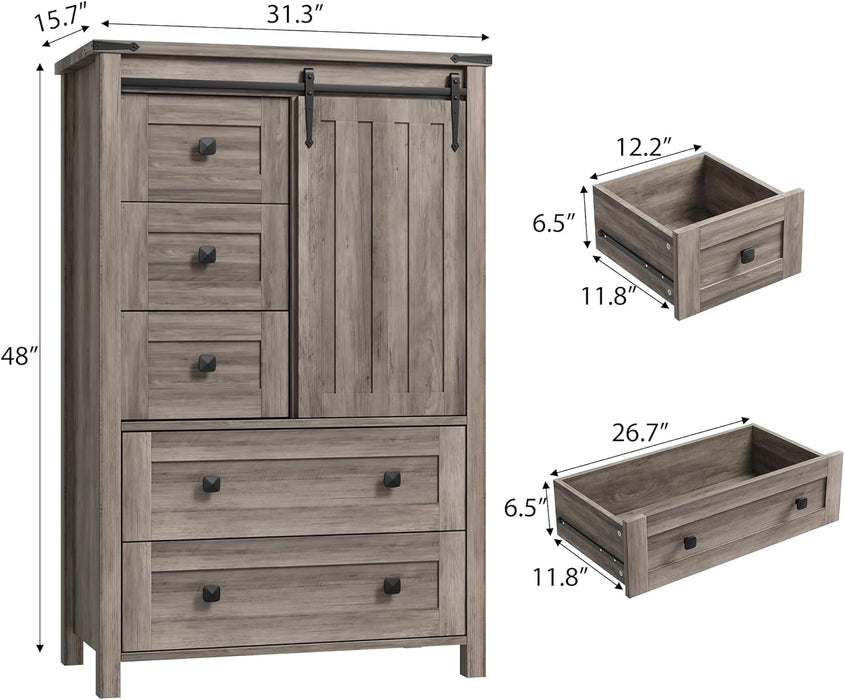 Farmhouse 5 Drawer Dresser for Bedroom, 48 in Tall Wood Dresser Chest of Drawer with Sliding Barn Door, Adjustable Shelf, Storage Organizer for Bedroom, Hallway, Living Room, Kitchen, Grey