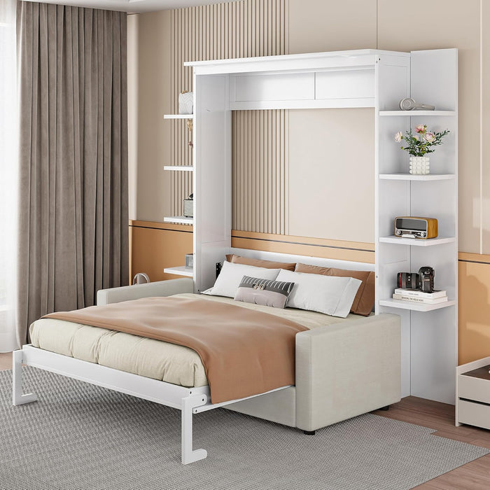 Queen Murphy Bed with Couch and Storage Shelves,Wood Fold up Murphy Bed Cabinet with Storage Shelves and Sofa,White