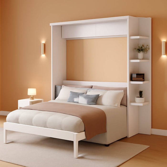 Murphy Bed Queen Size Wall Chest with Sofa and Dual Piston Metal Folding Mechanism Designed,Wood Hideaway Cabinet Platform Bedframe W/Leg,For Small Room,Dorms,White