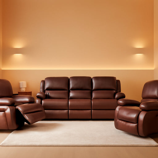 3PC Bonded Leather Reclining Sofa Chair Set Living Room Set 8018 Multiple Color (Brown)