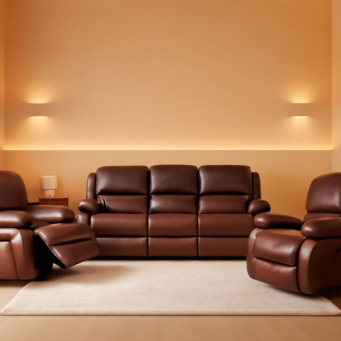 3PC Bonded Leather Reclining Sofa Chair Set Living Room Set 8018 Multiple Color (Brown)