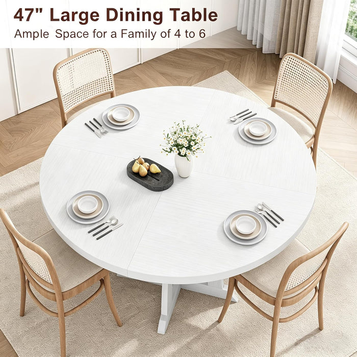 47 Inch round Dining Table for 4-6, Wood Kitchen Table with Cross Base and Adjustable Foot Pads, Dining Room Table with Circle Tabletop for Dining Room, Kitchen, Living Room, White