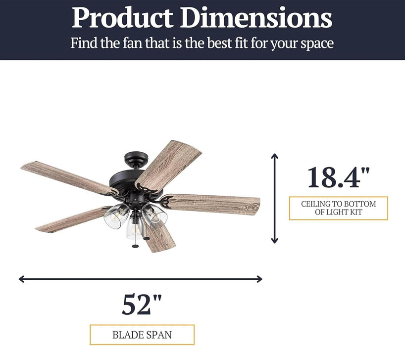 Saybrook 52 Inch Farmhouse LED Indoor Ceiling Fan with Light, Pull Chain Control, 5 Dual Finish Blades, Reversible Motor, Bronze