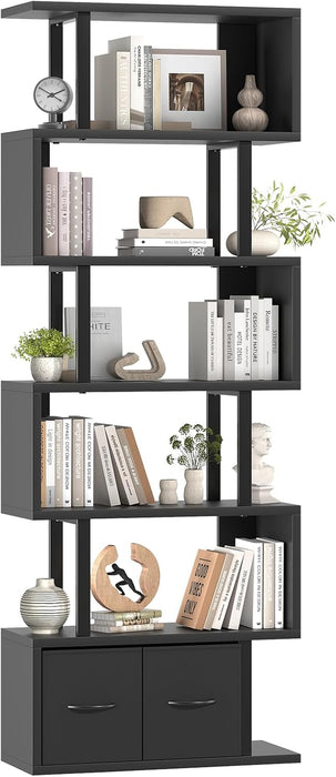 6-Tier Tall Bookshelf with Drawers, Black