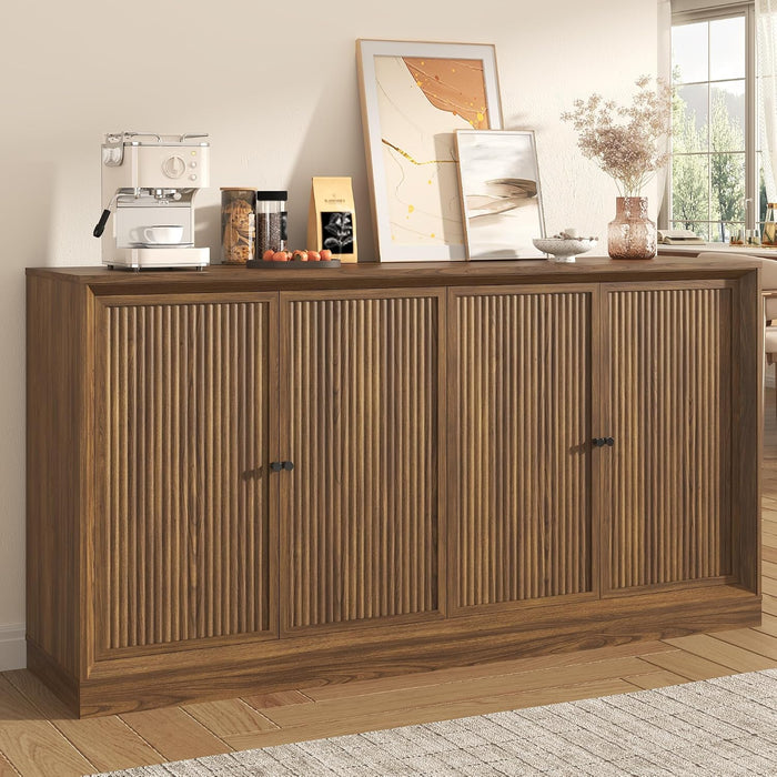 63” Fluted Sideboard Storage Cabinet, Mid Century Modern Wooden Credenza with 4 Doors & Adjustable Shelves, Beveled Edge Buffet Cabinet with Storage, Kitchen, Living Room (Walnut)