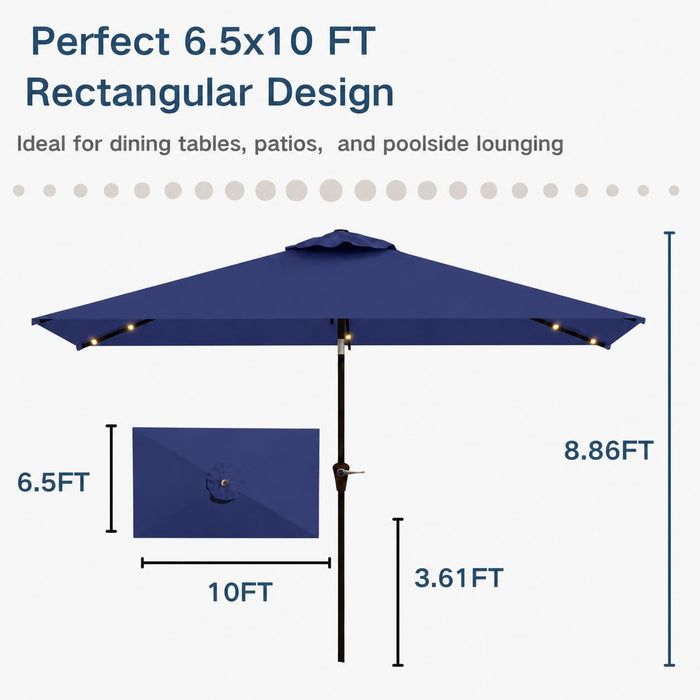 6.5 X 10Ft Rectangular Patio Umbrella with Solar Lights, 16 LED Lighted Market Umbrella with Push-Button Tilt and Crank, 6 Sturdy Iron Ribs for Garden, Deck, Pool, Navy Blue