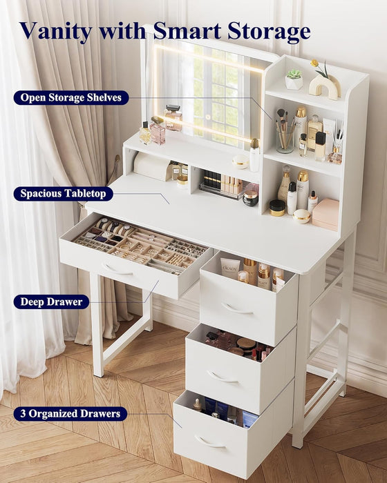 White Vanity Table With Illuminated Mirror Drawers