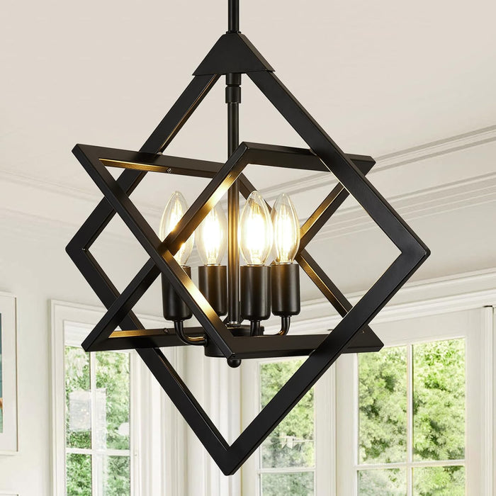 18" Black Chandelier, 4-Light Farmhouse Geometric Ceiling Dining Room Fixture, Modern Rustic Foyer Lighting Fixtures, Industrial Hanging Light Fixture Pendant Lights for Kitchen Island, Entryway