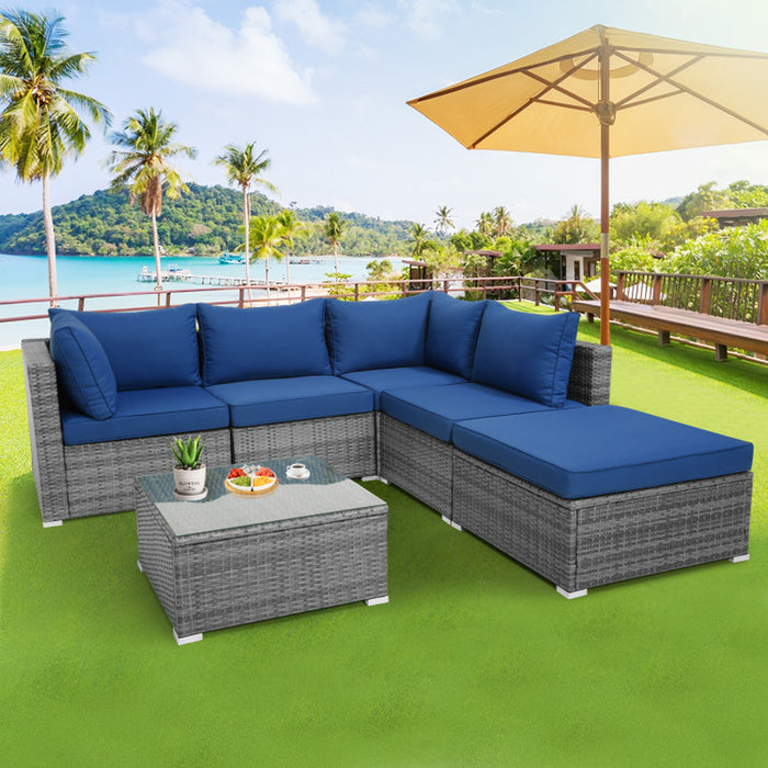 6 Pieces Outdoor Rattan Sofa Set with Seat and Back Cushions