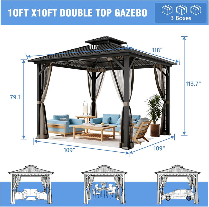 10X10 Hardtop Gazebo, Metal Gazebo with Frame, Outdoor Gazebos with Mosquito Net, Double Roof Hard Top Gazebos for Patios