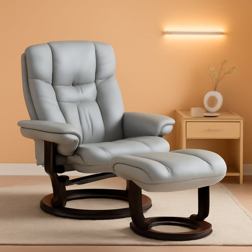 Allie Contemporary Multi-Position Recliner and Curved Ottoman with Swivel Mahogany Wood Base in Gray Leathersoft