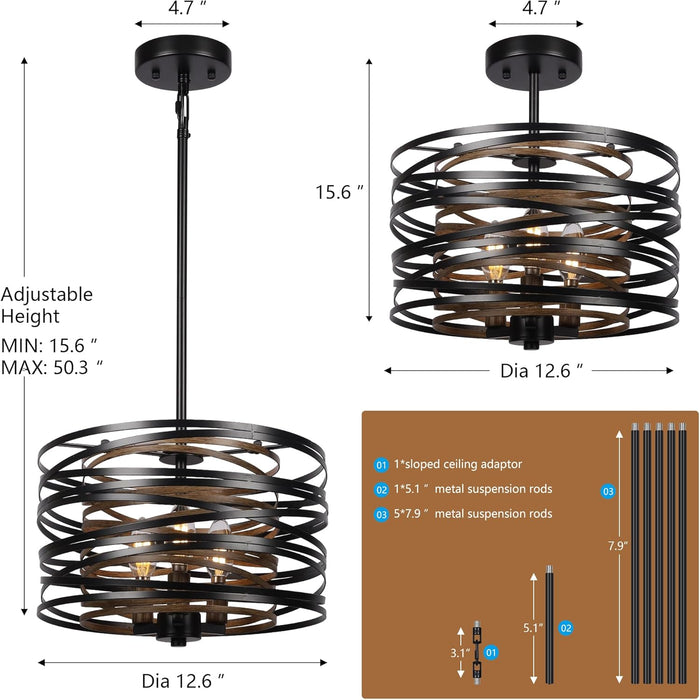 12.6'' Farmhouse Chandeliers for Dining Room, 3-Light Industrial Metal Hanging Light Fixture, Rustic Drum Pendant Light for Entryway Kitchen Foyer Bedroom, Black with Retro Wood Texture Interior