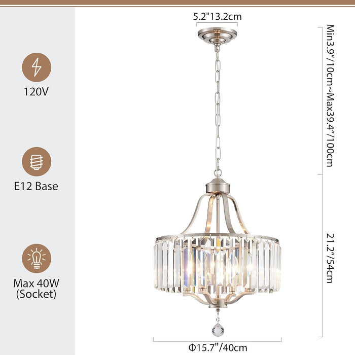 Modern Crystal Chandeliers round 4-Light Large Brushed Nickel Pendant Lighting Fixture for Dining Room Living Room Kitchen Island Bedroom Hallway Hall Foyer, 15.7"
