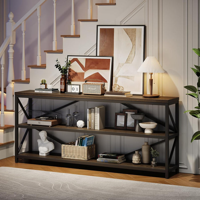 Industrial Console Sofa Table,70.8 Inch Extra Long Entryway Table with 3 Tier Wood Storage Shelf for Living Room, Hallway, Entrance, Narrow Sofa Table with Metal Frame, Black and Brown