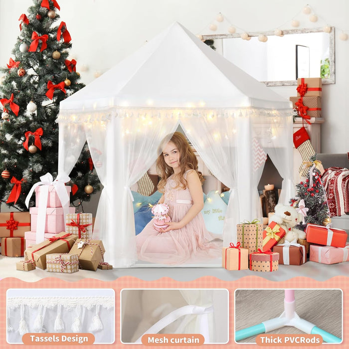 White Princess Tent Girls Tassel Decor Large Playhouse Kids Castle Play Tent with Star Lights Toy for Children Indoor and Outdoor Games, 55'' X 53'' (White Princess Tent with Tassel)